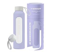 Wessper Bouteille d'eau 500 ml, bouteille motivante avec échelle d'hydratation, gourde en verre borosilicaté avec étui en silicone, matériau sans BPA, Violet