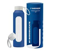 Wessper Bouteille d'eau 500 ml, bouteille motivante avec échelle d'hydratation, gourde en verre borosilicaté avec étui en silicone, matériau sans BPA, Bleu