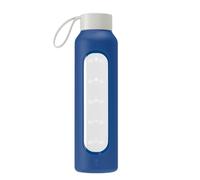 Wessper Bouteille d'eau en Verre 0.5L Gourde Reutilisable en Borosilicate, Avec Marqueur de Temps de Motivation, Couvercle en bambou, En silicone, pour Enfant et Adultes, Sport, Camping - Bleu Marine