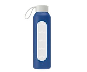 Wessper Bouteille d'eau en Verre 0.5L Gourde Reutilisable en Borosilicate, Avec Marqueur de Temps de Motivation, Couvercle en bambou, En silicone, pour Enfant et Adultes, Sport, Camping - Bleu Marine