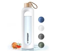 Wessper Bouteille d'eau en Verre 1L, Gourde Reutilisable, en Borosilicate, Avec Marqueur de Temps de Motivation, Couvercle en bambou, En silicone, pour Enfant et Adultes, Sport, Camping - Blanc