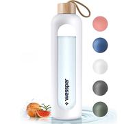 Wessper Bouteille d'eau en verre avec étui en silicone, Bouteille d'eau transparente en verre borosilicaté, Blanc 1L