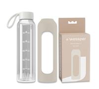 Wessper Bouteille en verre avec housse en silicone, bouteille en verre borosilicaté avec graduation 1 litre, bouteille de sport Idéale pour le fitness, l'école, le sport, les enfants - Écru