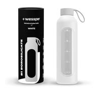 Wessper Bouteille en verre avec housse en silicone, bouteille en verre borosilicaté avec graduation 1 litre, bouteille de sport Idéale pour le fitness, l'école, le sport, les enfants - Blanc