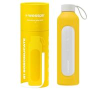 Wessper Bouteille en verre avec housse en silicone, bouteille en verre borosilicaté avec graduation 1 litre, bouteille de sport Idéale pour le fitness, l'école, le sport, les enfants - Jaune