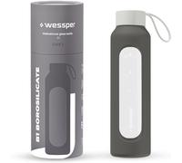 Wessper Bouteille en verre avec housse en silicone, bouteille en verre borosilicaté avec graduation 1 litre, bouteille de sport Idéale pour le fitness, l'école, le sport, les enfants - Gris
