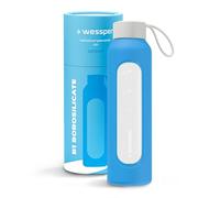 Wessper Bouteille en verre avec housse en silicone, bouteille en verre borosilicaté avec repères horaires 500 ml, bouteille de sport Idéale pour le fitness, l'école, le sport, les enfants - Océan