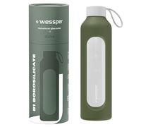 Wessper Bouteille en verre avec housse en silicone, bouteille en verre borosilicaté avec repères horaires 1 litre, bouteille de sport Idéale pour le fitness, l'école, le sport, les enfants - Olive