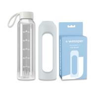 Wessper Bouteille en verre avec housse en silicone, bouteille en verre borosilicaté avec repères horaires 500 ml, bouteille de sport Idéale pour le fitness, l'école, le sport, les enfants Bleu clair