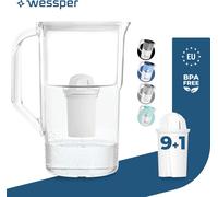 Wessper Carafe filtrante 2.8 L Compatible avec Brita Classic , Système de filtration de l'eau pour réduire le calcaire, le chlore | + 10x filtres à eau blancs