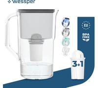 Wessper Carafe filtrante 2.8 L Compatible avec Brita Classic , Système de filtration d'eau pour réduire le calcaire, le chlore | + 4x filtres à eau Noir
