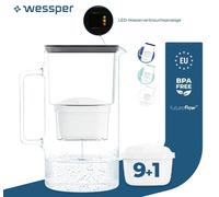 Wessper Carafe filtrante en verre 3 L avec indicateur manuel d'usure du filtre, Compatible avec Brita Maxtra, Maxtra +, | + 10 cartouches