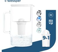 Wessper Carafe filtrante en verre 3 L Blanc Compatible avec les cartouches filtrantes Brita Classic | 10 cartouches filtrantes incluses