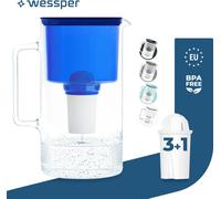 Wessper Carafe filtrante en verre 3 L bleue Compatible avec les cartouches filtrantes Brita Classic | 4 cartouches filtrantes incluses