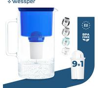 Wessper Carafe filtrante en verre 3 L bleue Compatible avec les cartouches filtrantes Brita Classic | 10 cartouches filtrantes incluses