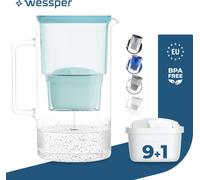 Wessper Carafe filtrante en verre 3 L Compatible avec les cartouches filtrantes Brita, 10 cartouches filtrantes incluses, Menthe
