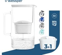 Wessper Carafe filtrante en verre 3.L Compatible avec les cartouches filtrantes Brita, Inclus 4 cartouches filtrantes, Blanc