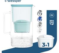 Wessper Carafe filtrante en verre 3 L Compatible avec les cartouches filtrantes Brita, Inclus 4 cartouches filtrantes, Menthe