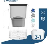 Wessper Carafe filtrante en verre 3 L Compatible avec les cartouches filtrantes Brita, Inclus 4 cartouches filtrantes, Noir