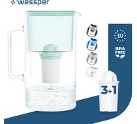 Wessper Carafe filtrante en verre 3 L Menthe Compatible avec les cartouches filtrantes Brita Classic | 4 cartouches filtrantes incluses