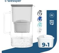 Wessper Carafe filtrante en verre 3L Compatible avec les cartouches filtrantes Brita, 10 cartouches filtrantes incluses, Gris