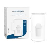 Wessper Carafe Filtrante en Verre avec Cartouches Filtrantes pour Eau Potable 2 l, Pichet en Verre avec Compteur de Filtre Intelligent, Kit comprenant 1x filtre à charbon actif- Blanc