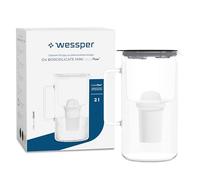 Wessper Carafe Filtrante en Verre avec Cartouches Filtrantes pour Eau Potable 2 l, Pichet en Verre avec Compteur de Filtre Intelligent, Kit comprenant 1x filtre à charbon actif- Noir