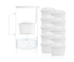 Wessper Carafe Filtrante en Verre avec dix Filtres pour Carafes, Compatibles avec Brita Maxtra, Brita Maxtr Grande capacité 3 L, Kit Carafe + 10 cartouches- Blanc