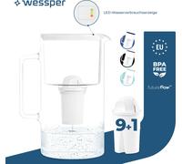 Wessper D2 Pot à filtre en verre borosilicaté FutureFlow 3 l | Wessper Pot à eau 3 l Système de filtration d'eau Blanc| 10x Cartouche filtrante d'eau