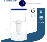 Wessper D2 Pot à filtre en verre borosilicaté FutureFlow 3 l | Wessper Pot à eau 3 l Système de filtration d'eau bleu | 1x cartouche de filtration d'eau