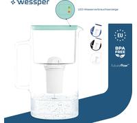 Wessper D2 Pot à filtre en verre borosilicaté FutureFlow 3 l | Wessper Pot à eau 3 l Système de filtration d'eau Mint | 1x Cartouche filtrante d'eau