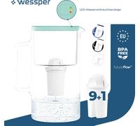 Wessper D2 Pot à filtre en verre borosilicaté FutureFlow 3l | Wessper Pot à eau 3,3 l Système de filtration d'eau Mint | 10x Cartouche filtrante d'eau
