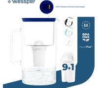 Wessper D2 Pot à filtre en verre borosilicaté FutureFlow 3l | Wessper Pot à eau 3 l Système de filtration d'eau bleu | 10x Cartouche filtrante d'eau