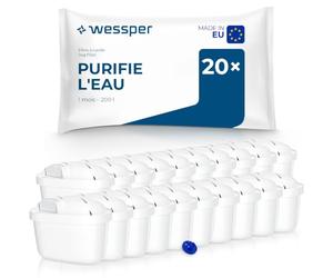 Wessper Filtre à Eau pour Brita Maxtra Plus avec Charbon Actif et Résine Échangeuse d'Ions - Compatible avec Carafe Marella (20 Pièces), Blanc