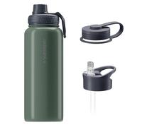 Wessper Gourde en Acier Inoxydable 1l, avec Trois Bouchons - Olive | bouteille aux boissons chaudes et froides, acier inoxydable gourde, BPA free