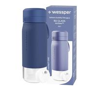 Wessper Gourde Filtrante, 500 ml, Gourde en Verre Borosilicaté, avec FIltre Actitex DISC, Compteur de Femplacement du filtre a eau Intégré, Réduit le Chlore, BPA FREE - Bleu