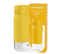 Wessper Gourde Filtrante, 500 ml, Gourde en Verre Borosilicaté, avec FIltre Actitex DISC, Compteur de Femplacement du filtre a eau Intégré, Réduit le Chlore, BPA FREE - Jaune