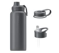 Wessper Gourde Isotherme en Acier Inoxydable, 1 Litre, Thermos avec Trois Bouchons Interchangeables, Bouteille pour Boissons Chaudes et Froides, Sans BPA - Gris