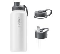 Wessper Gourde Isotherme en Acier Inoxydable, 1 Litre, Thermos avec Trois Bouchons Interchangeables, Bouteille pour Boissons Chaudes et Froides, Sans BPA - Blanc