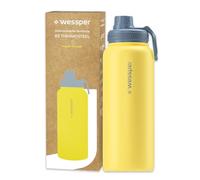 Wessper Gourde Thermique en Acier Inoxydable 1000ml Anti-fuite Bouteille Isotherme, Thermos sans BPA avec 3 Couvercles | Gourde Jaune Élégante Sport | Gourde Isotherme Enfants Adulte pour Camping
