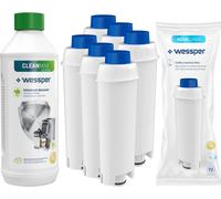 Wessper Set : 6x Wessper AquaLunga cartouche de filtre à eau pour machines à café DeLonghi (remplacement SER3017 DLS C002) + Wessper CleanMax 500ml détartrant