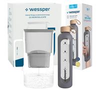 Wessper Set : AquaMax Crystalline 3L pichet en verre avec filtre + ActiveMax Crystalline 1L bouteille incitative en verre avec housse en silicone grise