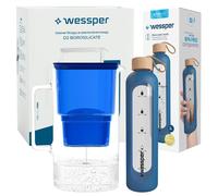 Wessper Set : AquaMax Crystalline Bouteille d'eau 3L pichet en verre avec filtre + ActiveMax 1L sac Bouteille incentive en verre avec housse en silicone bleu
