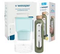 Wessper Set : AquaMax Crystalline pichet en verre 3L avec filtre + ActiveMax Crystalline bouteille incitative en verre 1L avec housse en silicone olive