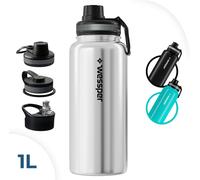 Wessper Stainless Steel Drinking Bottle 1L Leakproof Thermos Bpa Free with 3 Caps | Silver Elegant Sport Drinking Bottle | Insulated Bottle