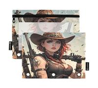 West Cowgirl Desert Lot de 2 trousses à crayons pour classeur à 3 anneaux Fermeture éclair lisse avec fenêtre en PVC transparent pour fournitures scolaires