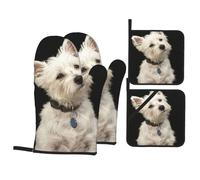 West Highland Terrier avec Collier,Gants de Cuisine antidérapants et maniques (Lot de 4), résistants à la Chaleur.