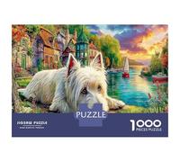 West Highland White Terrier Puzzle Premium 1000 Pièces en Carton Épais Village au Bord du lac pour Grands-Parents Entraînement Cognitif Activité Intérieure 70x50cm/1000pcs