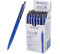 Westcott ALLTIME Lot de 50 stylos à bille rétractables avec encre bleue - Largeur de trait M avec recharge standard X20 - Résistant aux documents ISO 12757-2 - Clip métallique robuste - E-733748 00