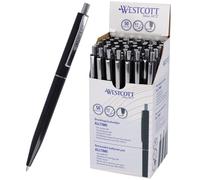 Westcott ALLTIME Lot de 50 stylos à bille rétractables avec encre noire - Largeur de trait M avec recharge standard X20 - Résistant aux documents ISO 12757-2 - Clip métallique robuste - E-737470 00